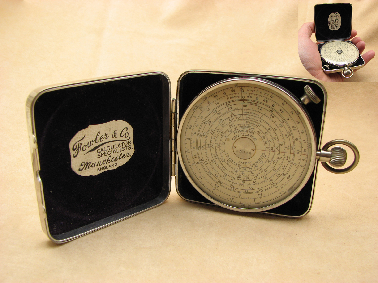 1930's Fowler's double sided Long scale pocket calculator in nickel case